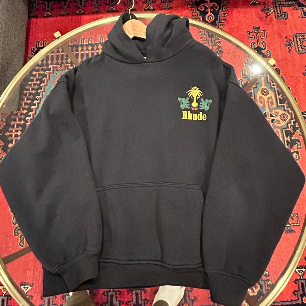 Rhude Tabaco Vintage Black Hoodie with Yellow & Green Palm Logo